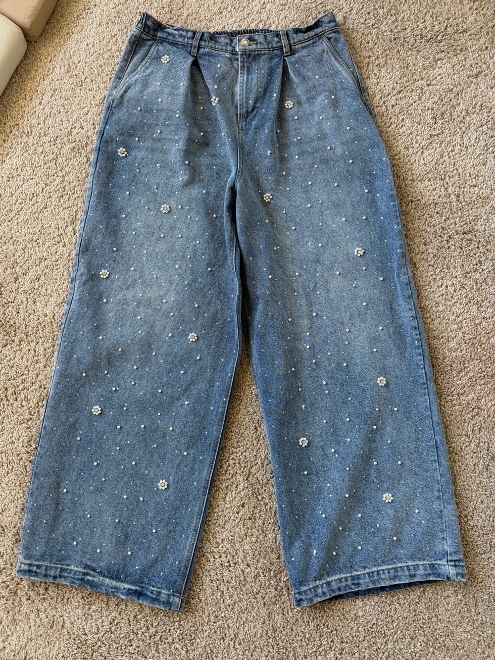 House of Harlow 1960 Light Blue Pearl & Rhinestone-Embellished Wide Leg Jeans
